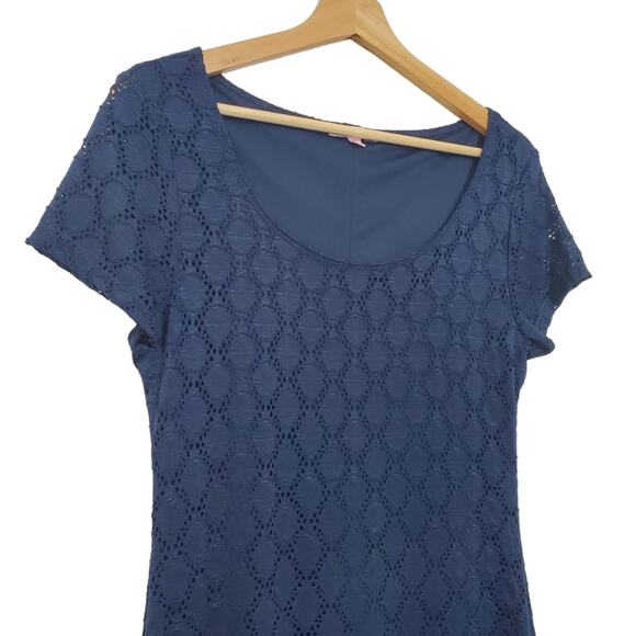 Isaac Mizrahi | Navy Lace Sheath Short Sleeve Dress - Picture 2 of 10